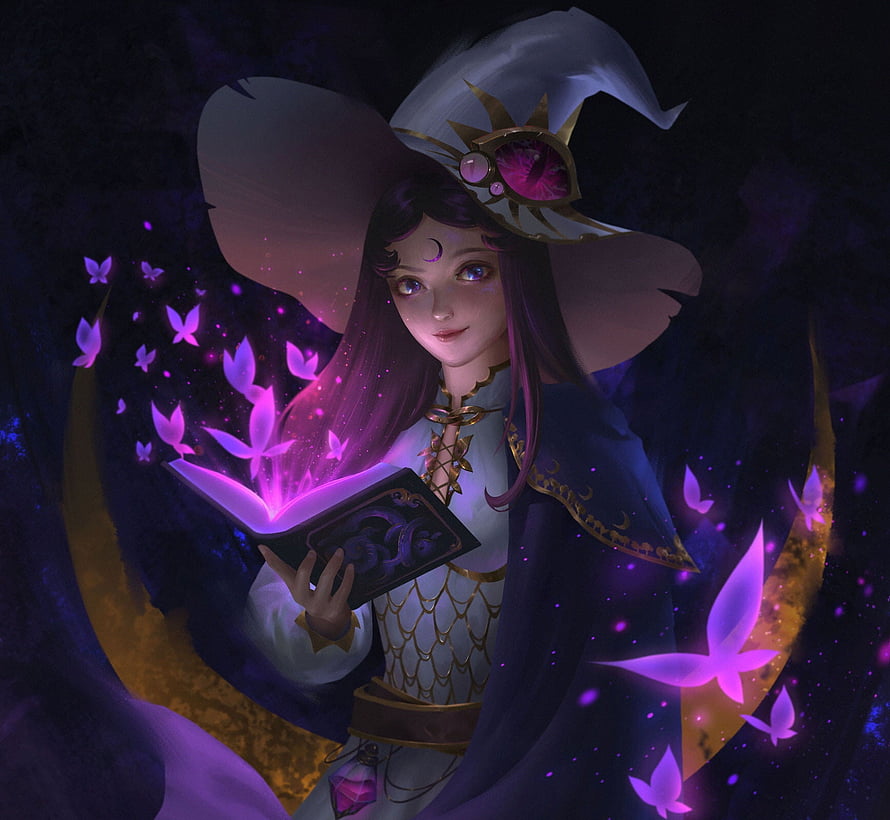 Luminita Pham Fantasy Witch Reading a Glowing Spellbook with Purple Butterflies HD wallpaper