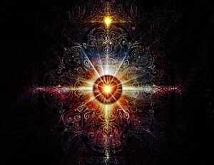 Radiant Golden Mandala with Intricate Ornamental Patterns and Central Light Burst on Dark Background HD wallpaper