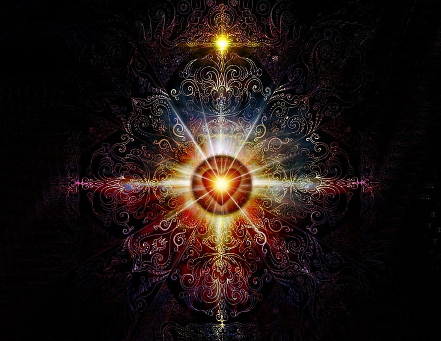 Radiant Golden Mandala with Intricate Ornamental Patterns and Central Light Burst on Dark Background HD wallpaper