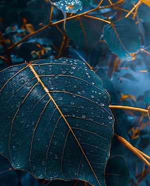 Close-up of a dark blue leaf with golden veins and water droplets HD phone wallpaper