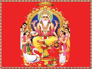 Lord Vishwakarma Deity Painting with White Swan and Devotees on Red Background HD wallpaper
