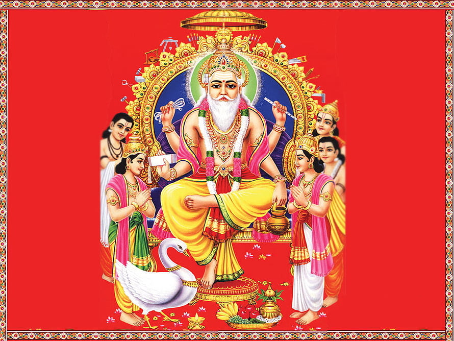 Lord Vishwakarma Deity Painting with White Swan and Devotees on Red Background HD wallpaper
