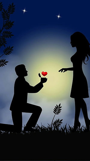 Romantic Proposal Silhouette with Glowing Heart Against Night Sky HD phone wallpaper