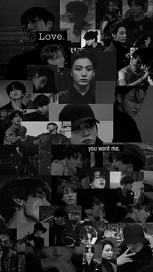 BTS Black and White Photo Collage with Love Text Overlay HD phone wallpaper