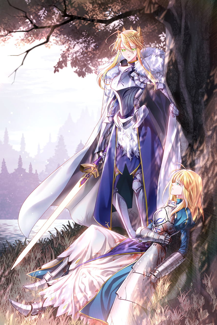 Artoria Pendragon Lancer in White Armor Standing Over Fallen Knight in Misty Forest HD phone wallpaper