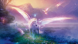 Majestic White Pegasus Soaring Over a Dreamlike Fantasy Landscape with Glowing Wings and Misty Mountains HD wallpaper