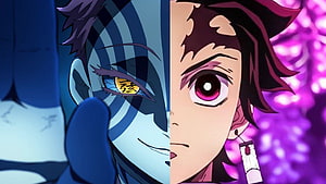 Tanjiro and Akaza Face-Off in Demon Slayer Anime Split Screen HD wallpaper
