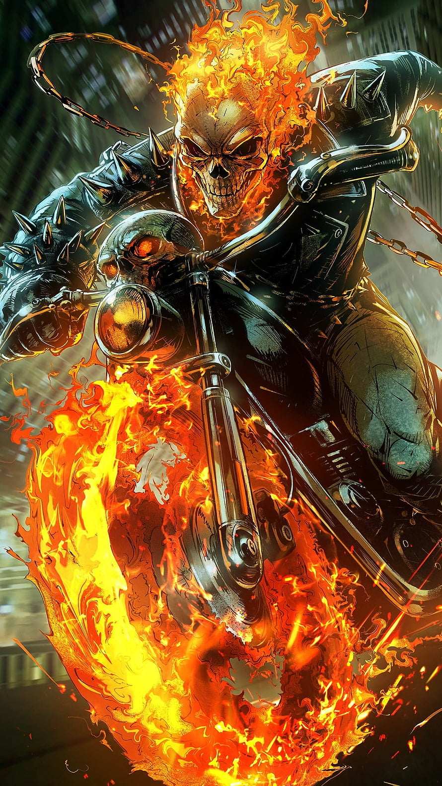 Ghost Rider Motorcycle Inferno: Fiery Skull Biker in Comic Book Style HD phone wallpaper
