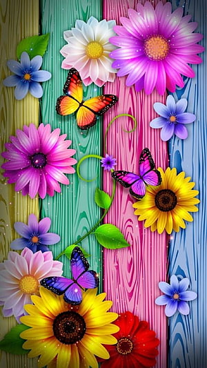 Vibrant Digital Floral Art with Colorful Butterflies on a Multicolored Wooden Plank Background HD phone wallpaper