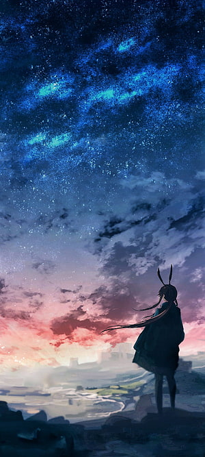 Amiya from Arknights Gazing at a Starry Night Sky Over a Distant City HD phone wallpaper