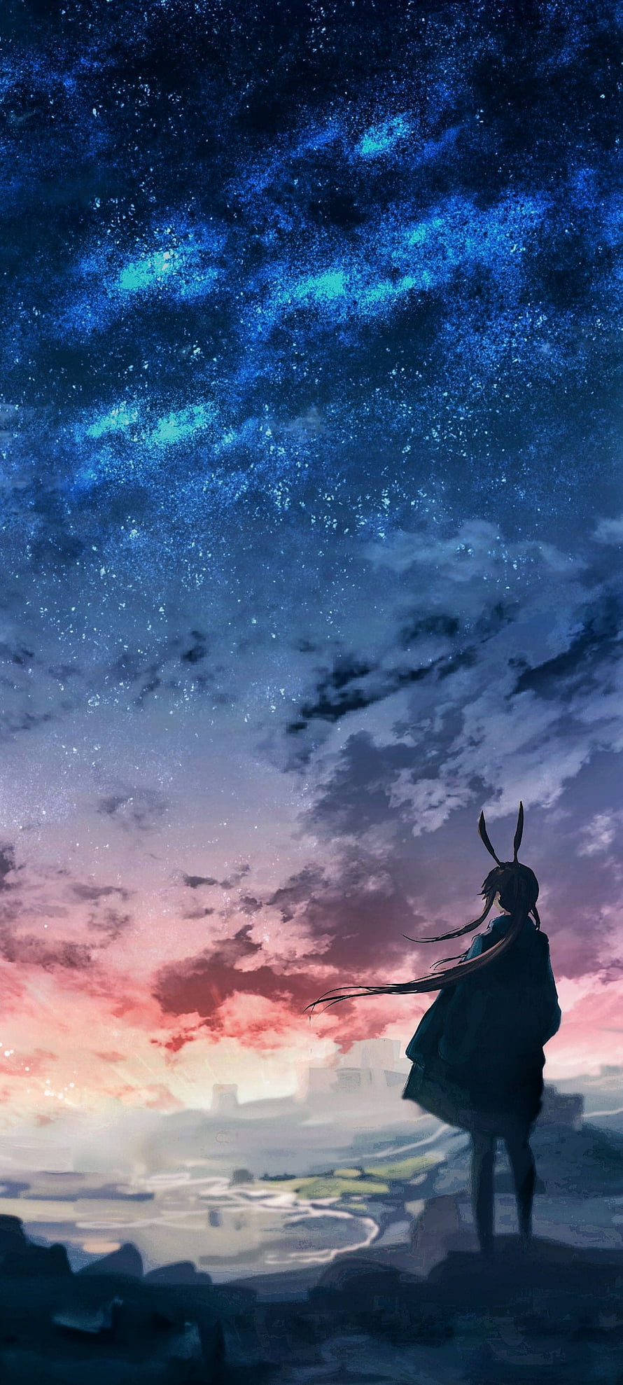 Amiya from Arknights Gazing at a Starry Night Sky Over a Distant City HD phone wallpaper