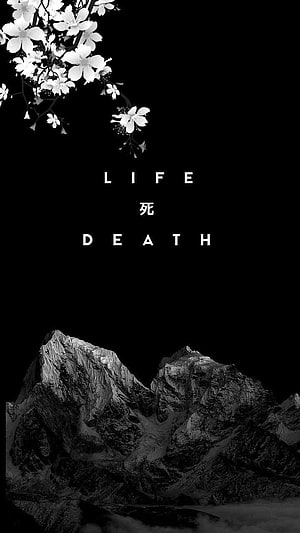 Monochrome Cherry Blossoms and Rugged Mountains with Life and Death Text HD phone wallpaper