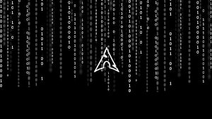 Arch Linux Logo Centered on Black Background with Falling Binary Code Rain HD wallpaper