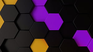 Abstract 3D Hexagon Pattern with Purple and Yellow Accents on Dark Background HD wallpaper