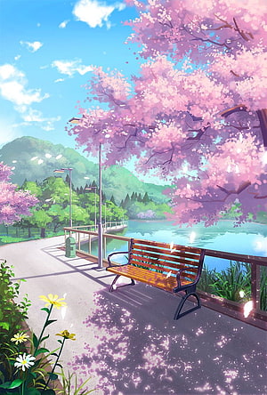 Serene Anime Spring Park With Cherry Blossoms, Wooden Bench, and Lake View HD phone wallpaper
