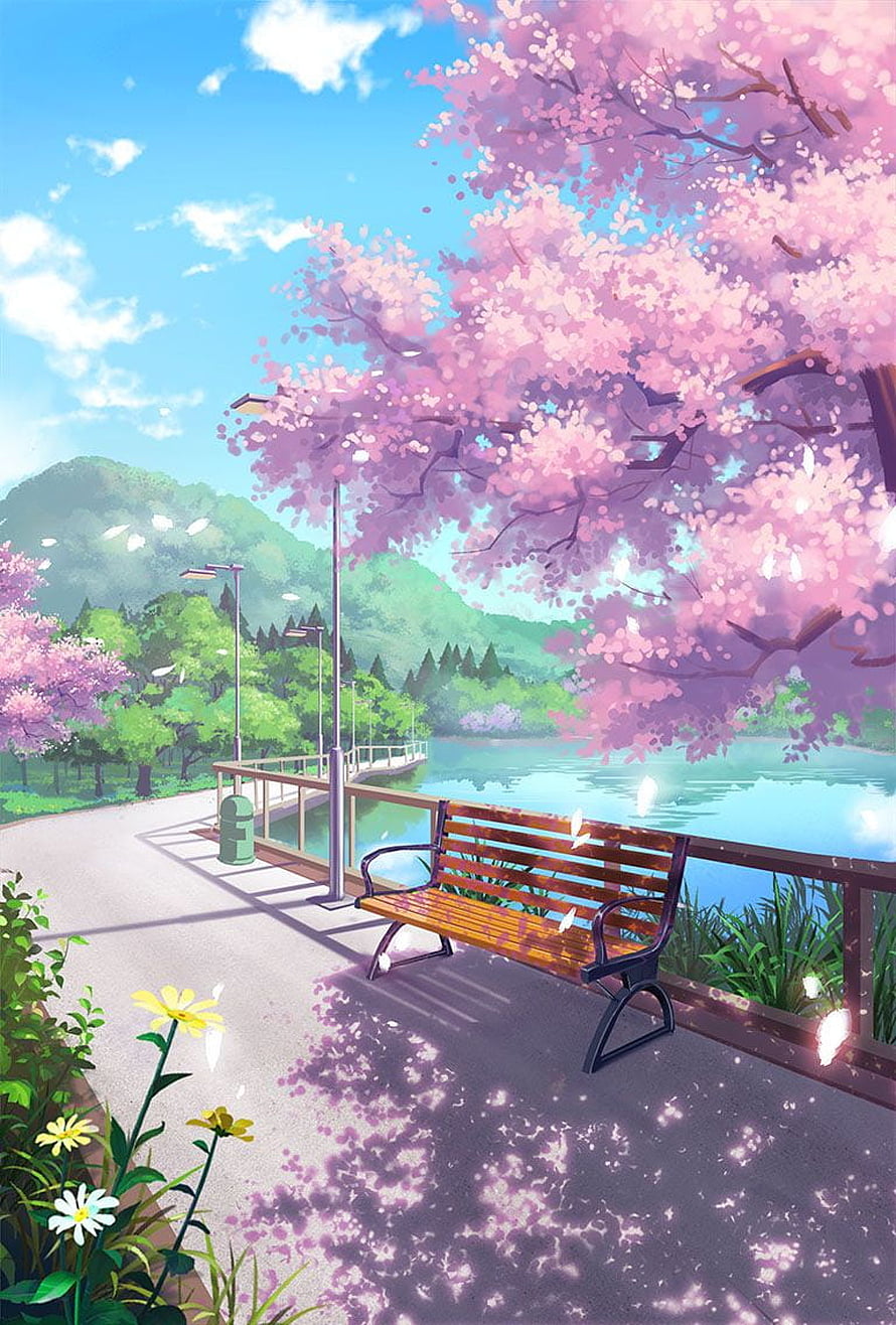 Serene Anime Spring Park With Cherry Blossoms, Wooden Bench, and Lake View HD phone wallpaper