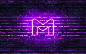 Gmail neon logo glowing in purple on a dark brick wall with visible wiring HD wallpaper