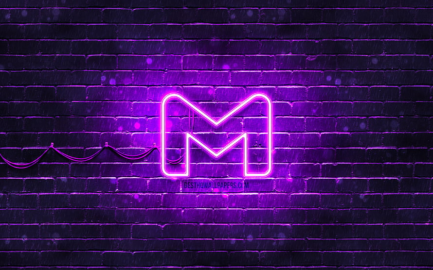 Gmail neon logo glowing in purple on a dark brick wall with visible wiring HD wallpaper
