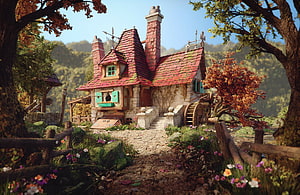 Charming miniature cottage with red roof and water wheel in a lush forest setting HD wallpaper
