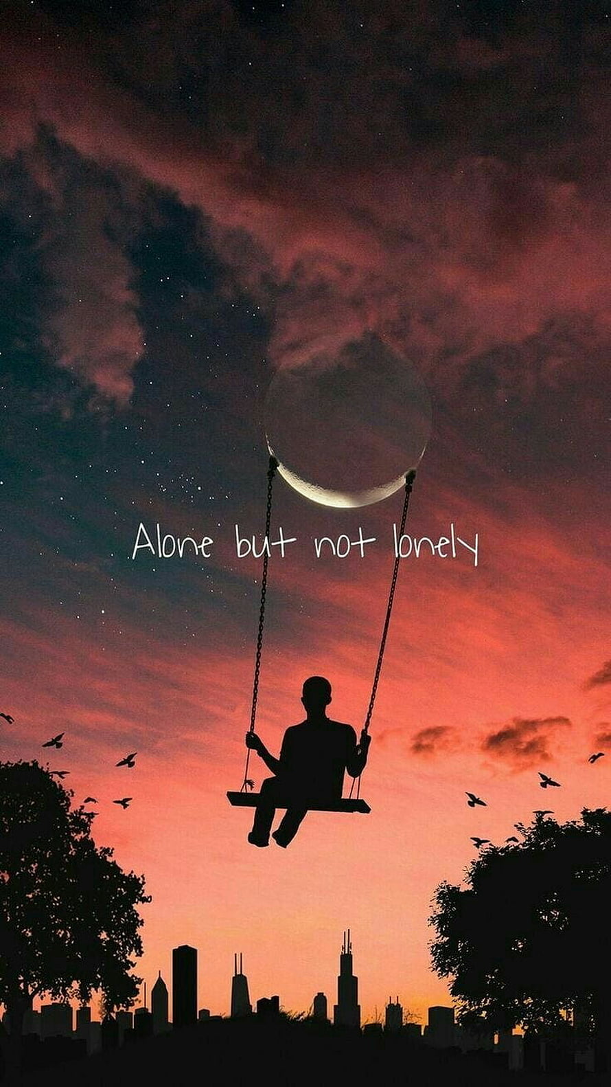 Silhouette of a person on a swing suspended from the moon against a vibrant sunset sky with city skyline HD phone wallpaper