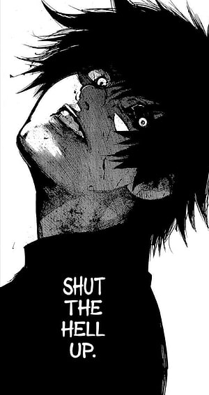 Tokyo Ghoul manga panel featuring a distressed character with wide eyes and dramatic black ink shading HD phone wallpaper