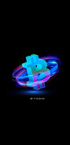 Neon Bitcoin Symbol with Glowing Blue and Purple Light Trails on Black Background HD phone wallpaper