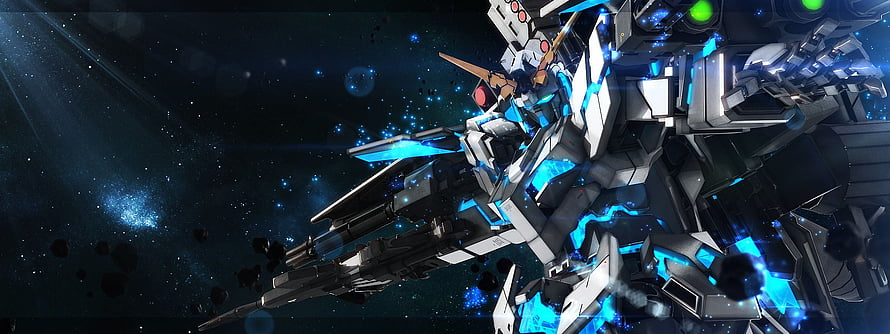 Gundam Mobile Suit in Deep Space with Blue Energy Effects and Starfield Background HD wallpaper