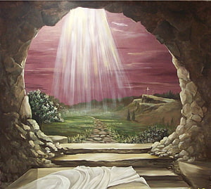 Resurrection of Jesus Christ: Empty Tomb with Divine Light and Crosses HD wallpaper