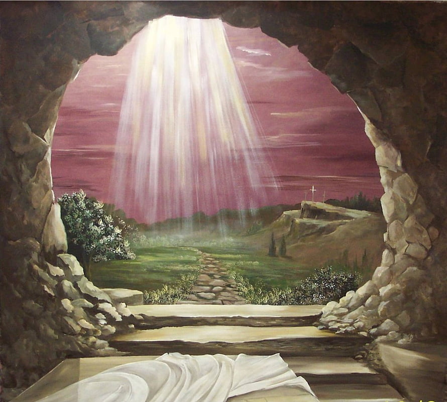 Resurrection of Jesus Christ: Empty Tomb with Divine Light and Crosses HD wallpaper