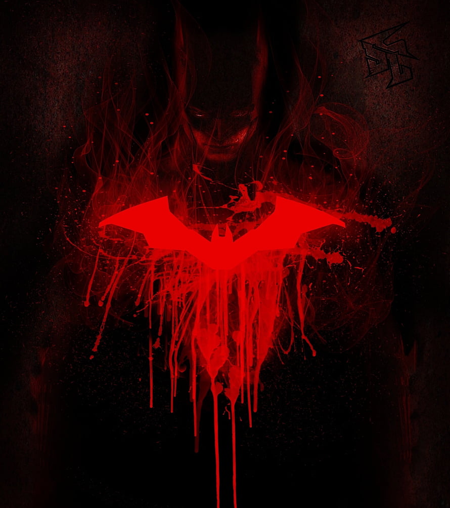Gritty Red Batman Symbol with Dripping Paint and Smoky Figure in Dark Art Style HD phone wallpaper
