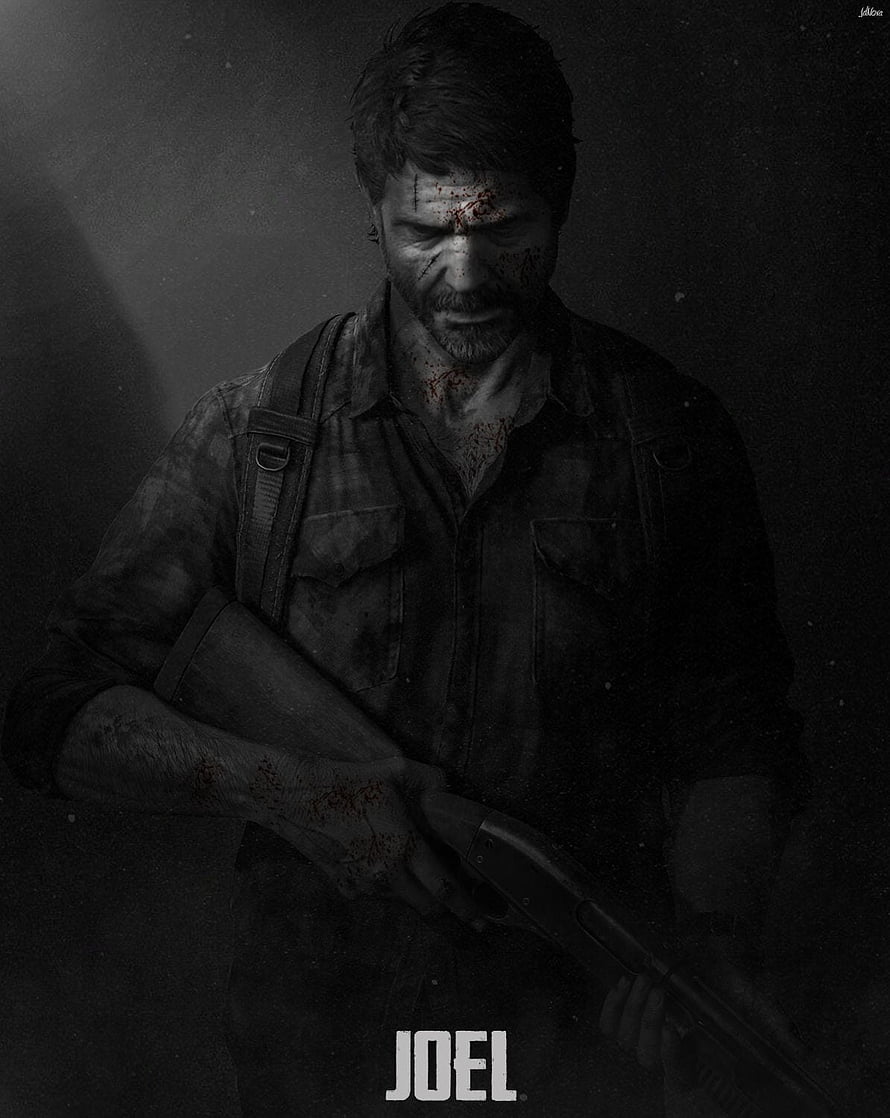 Joel from The Last of Us holding a shotgun in a dark, gritty monochrome portrait HD phone wallpaper