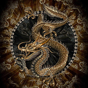 Golden Chinese Dragon King Coiled in Ornate Traditional Artwork HD phone wallpaper