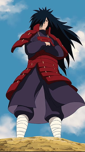 Madara Uchiha in Red Armor Standing on a Cliff Against a Blue Sky HD phone wallpaper