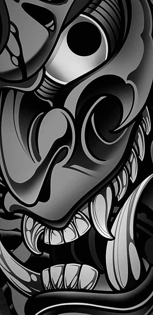 Monochrome Japanese Oni Demon Mask with Fierce Expression and Sharp Fangs HD phone wallpaper