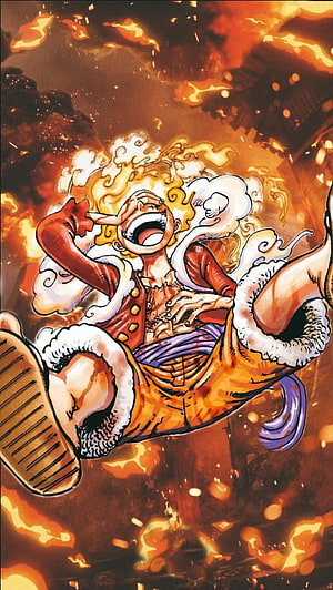 Monkey D. Luffy Gear 5 Nika Form in Fiery Manga Action Scene HD phone wallpaper