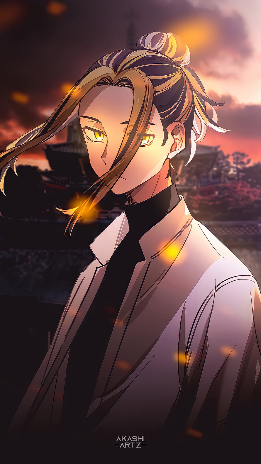 Mikey from Tokyo Revengers in a white jacket against a fiery sunset with traditional architecture HD phone wallpaper