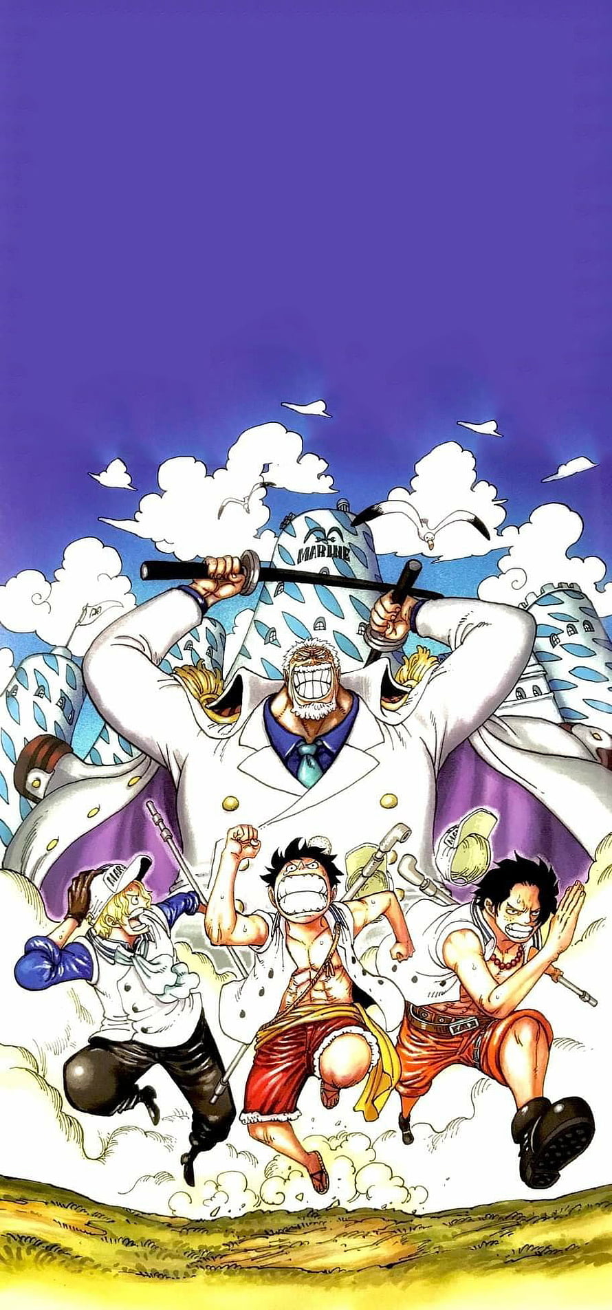 One Piece Manga Art Featuring Monkey D. Luffy, Portgas D. Ace, Sabo, and Monkey D. Garp in Action HD phone wallpaper