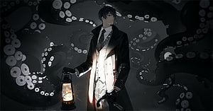 Klein Moretti from Lord of the Mysteries Holding a Lantern Amidst Dark Tentacles HD wallpaper
