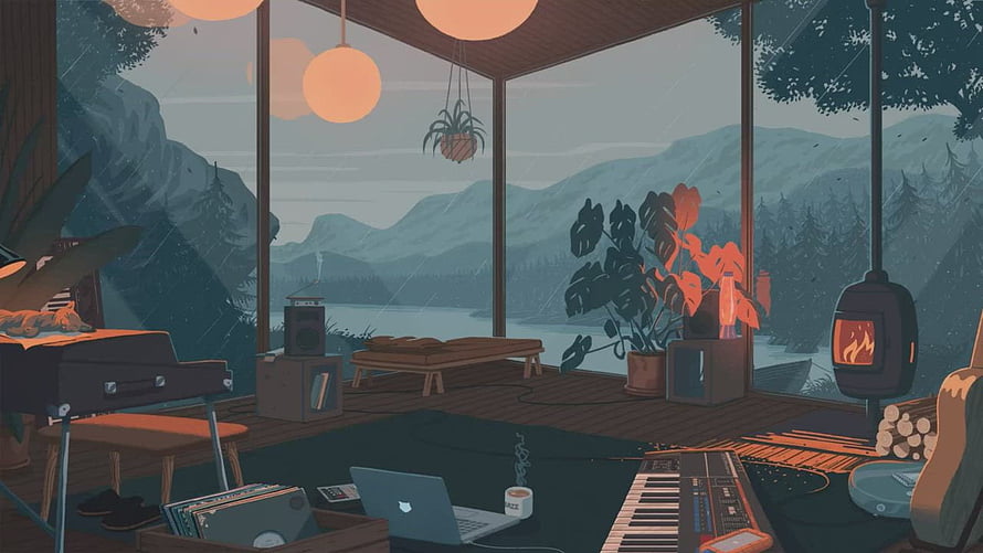 Cozy Cabin Interior With Piano, Laptop, and Mountain Lake View in Lofi Illustration Style HD wallpaper