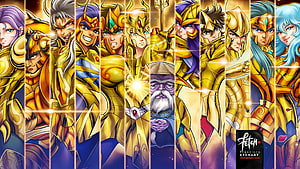 Saint Seiya Gold Saints and Master Muu in Dramatic Vertical Panel Artwork HD wallpaper