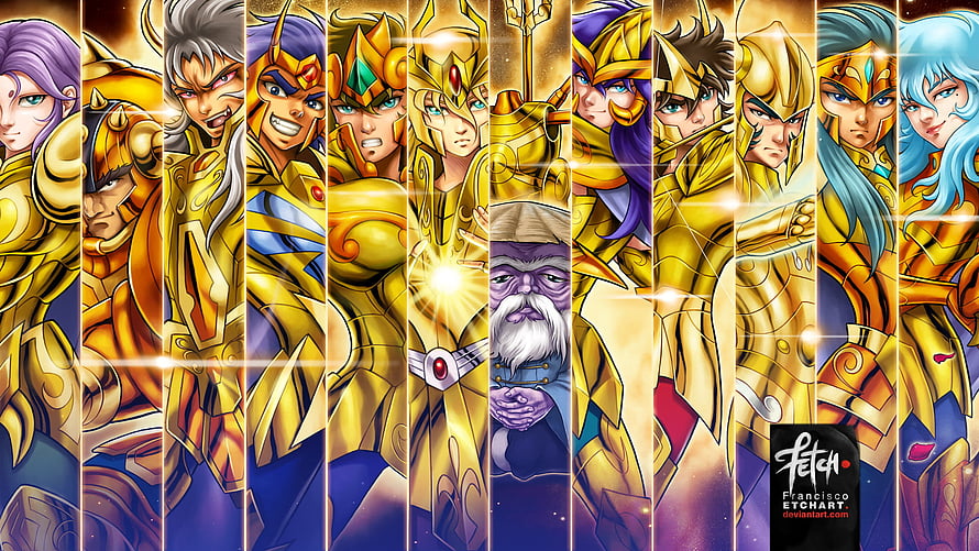 Saint Seiya Gold Saints and Master Muu in Dramatic Vertical Panel Artwork HD wallpaper