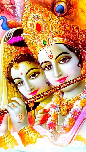 Radhe Shyam Divine Portrait: Krishna Playing Flute with Radha in Ornate Traditional Indian Art HD phone wallpaper