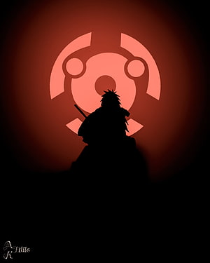Madara Uchiha Silhouette Before the Uchiha Clan Crest in Dark Red Light HD phone wallpaper