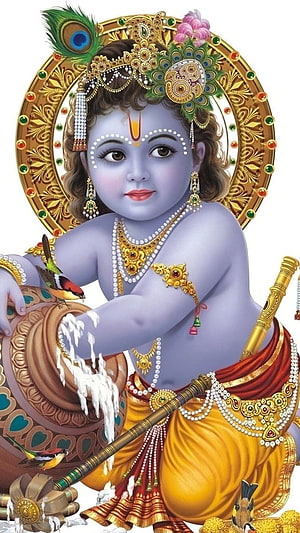Krishna as Makhan Chor: Blue-Skinned Deity with Butter Pot, Peacock Crown, and Flute HD phone wallpaper