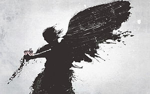 Ink Wash Angel Silhouette Holding Roses with Dramatic Wings HD wallpaper
