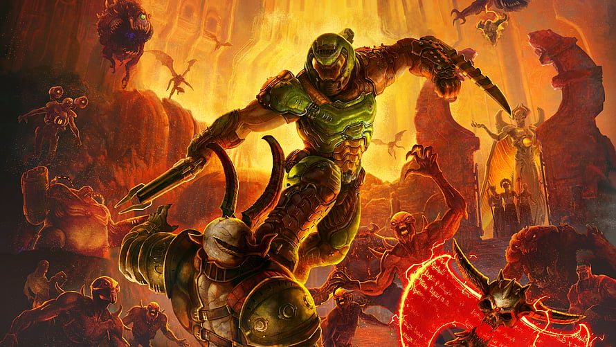 Doom Slayer in Green Armor Battling Demons in Hellish Landscape HD wallpaper