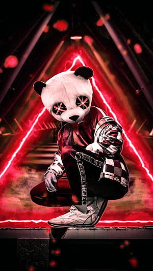 Neon Panda in Streetwear Crouching in a Red Geometric Light Tunnel HD phone wallpaper