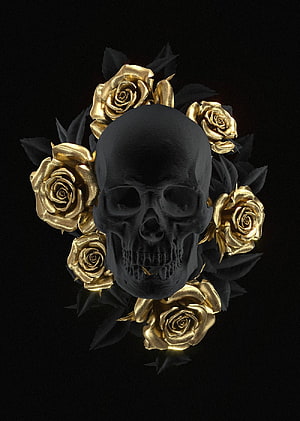 Black Skull Crowned with Golden Roses on Dark Background HD phone wallpaper