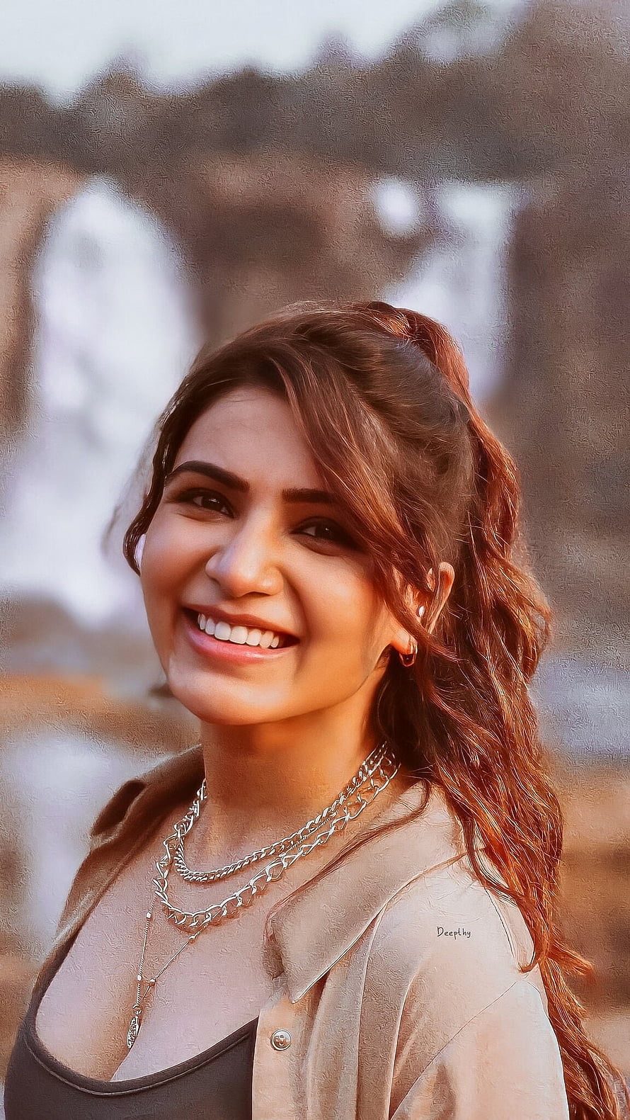 Samantha Akkineni smiling portrait with layered necklaces and warm outdoor lighting HD phone wallpaper