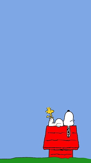 Snoopy and Woodstock relaxing on the red doghouse against a clear blue sky HD phone wallpaper
